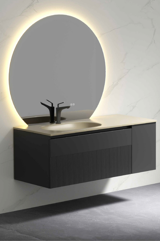 Fluted Wall Hung Vanity with Seamless Glass Sink & Smart Mirror Set